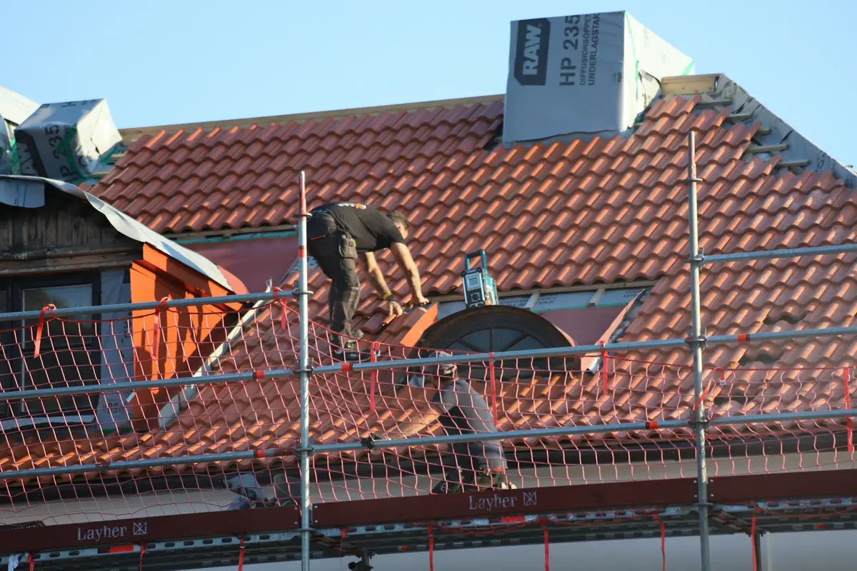 Scaffold access platform at roof level of a residential property